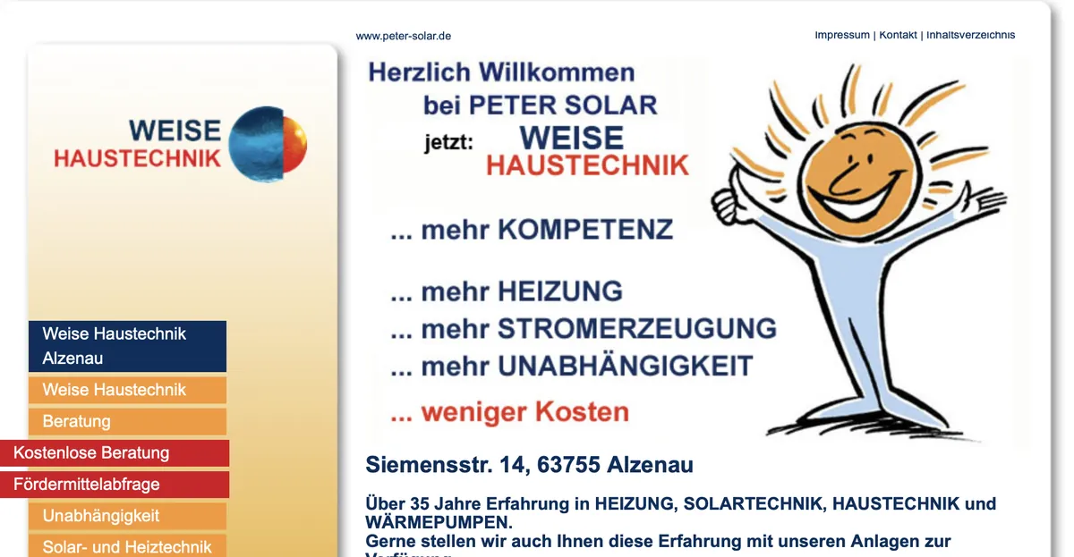 Die frühere Website des Betriebs unter peter-solar.de vor dem Relaunch